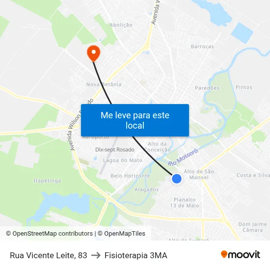Rua Vicente Leite, 83 to Fisioterapia 3MA map