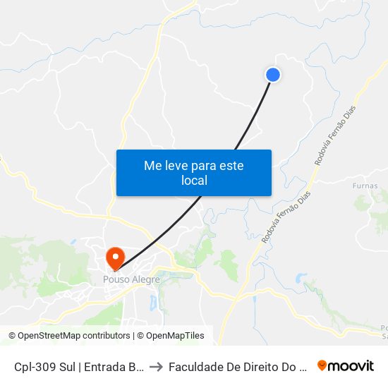 Cpl-309 Sul | Entrada Bairro Olaria to Faculdade De Direito Do Sul De Minas map