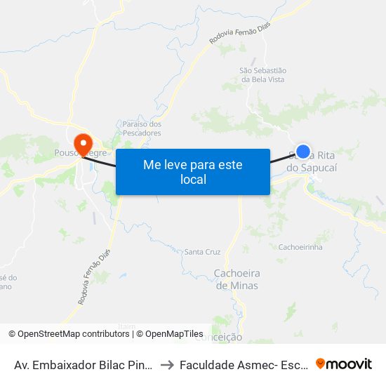 Av. Embaixador Bilac Pinto | Santa Felicidade - Sentido Bairro to Faculdade Asmec- Escola De Negócios De Pouso Alegre map