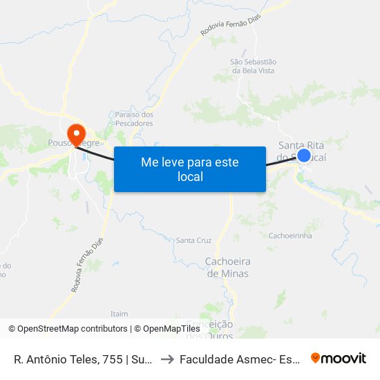 R. Antônio Teles, 755 | Supermercado Romerão - Sentido Centro to Faculdade Asmec- Escola De Negócios De Pouso Alegre map