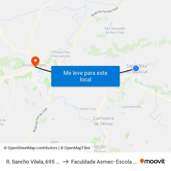 R. Sancho Vilela, 695 | Usivale - Sentido Centro to Faculdade Asmec- Escola De Negócios De Pouso Alegre map
