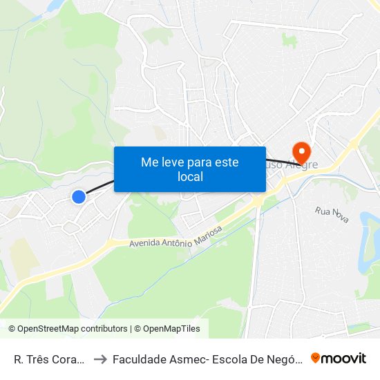 R. Três Corações, 355 to Faculdade Asmec- Escola De Negócios De Pouso Alegre map