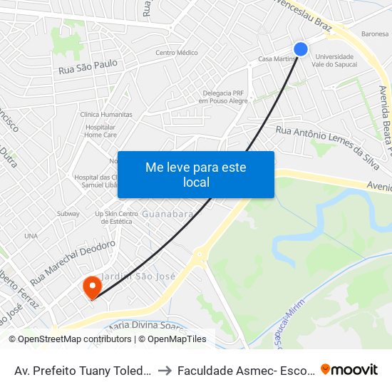 Av. Prefeito Tuany Toledo, 290 | Univás – Unidade Fátima to Faculdade Asmec- Escola De Negócios De Pouso Alegre map