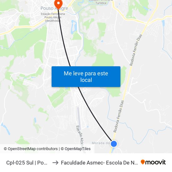 Cpl-025 Sul | Posto Do Costinha to Faculdade Asmec- Escola De Negócios De Pouso Alegre map