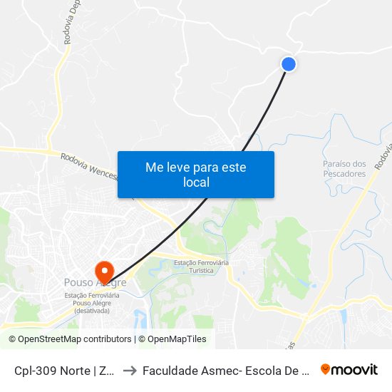 Cpl-309 Norte | Zoio Murchos Bar to Faculdade Asmec- Escola De Negócios De Pouso Alegre map