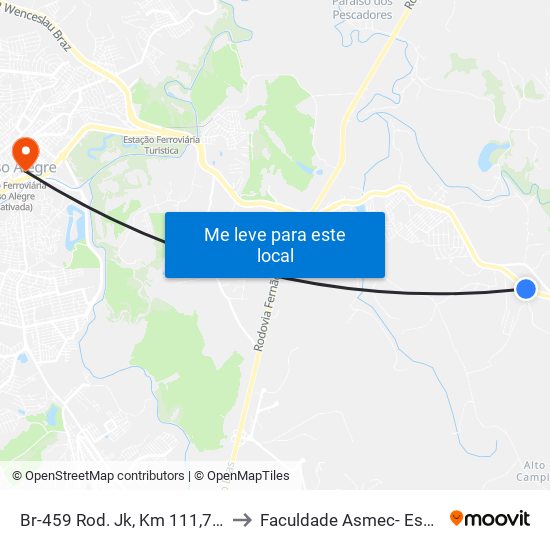 Br-459 Rod. Jk, Km 111,7 Leste | Centro De Distribuição Unissul to Faculdade Asmec- Escola De Negócios De Pouso Alegre map