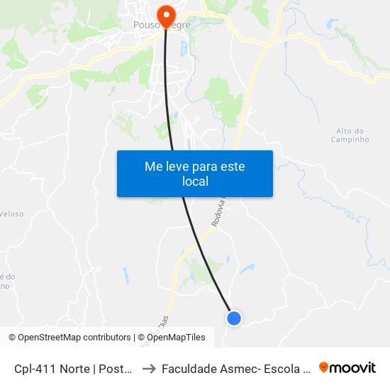 Cpl-411 Norte | Posto De Saúde Dos Ferreiras to Faculdade Asmec- Escola De Negócios De Pouso Alegre map