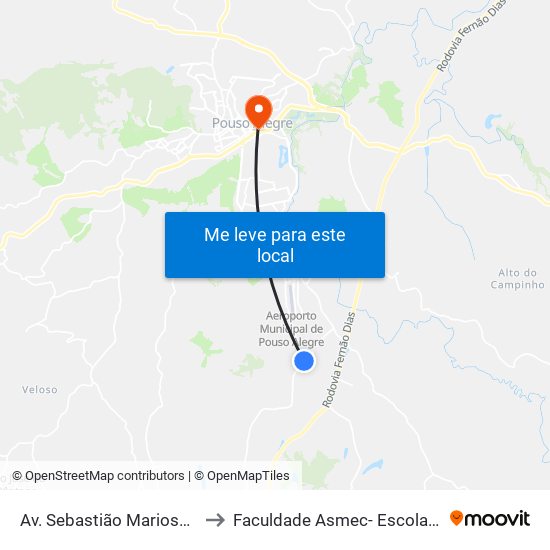 Av. Sebastião Mariosa | Residencial Gran Royalle to Faculdade Asmec- Escola De Negócios De Pouso Alegre map