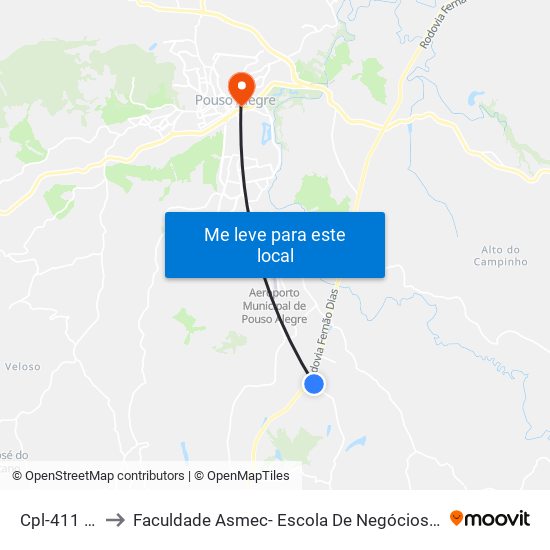 Cpl-411 Norte to Faculdade Asmec- Escola De Negócios De Pouso Alegre map