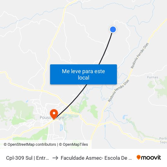 Cpl-309 Sul | Entrada Bairro Olaria to Faculdade Asmec- Escola De Negócios De Pouso Alegre map