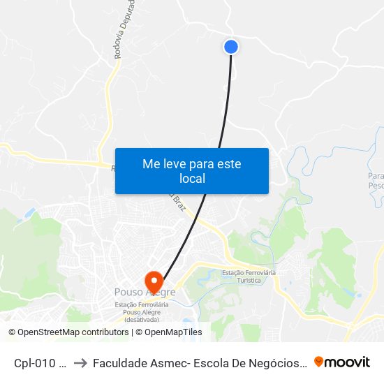 Cpl-010 Norte to Faculdade Asmec- Escola De Negócios De Pouso Alegre map