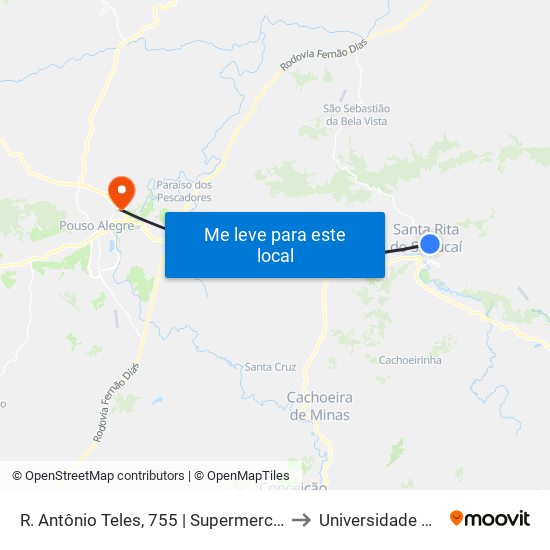 R. Antônio Teles, 755 | Supermercado Romerão - Sentido Centro to Universidade Vale Do Sapucai map