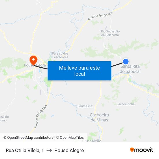 Rua Otília Vilela, 1 to Pouso Alegre map