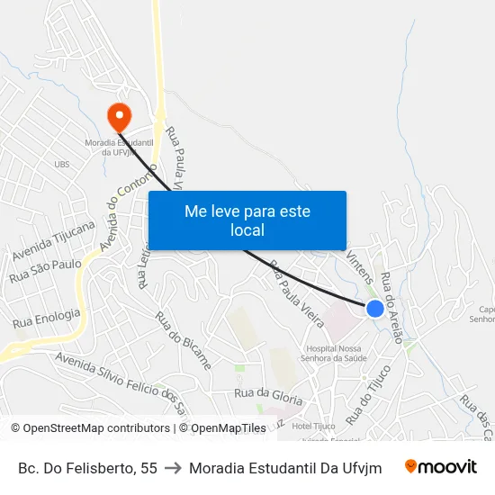 Bc. Do Felisberto, 55 to Moradia Estudantil Da Ufvjm map