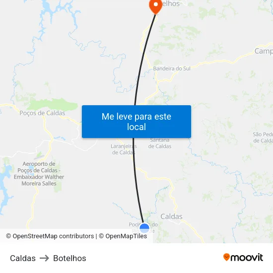 Caldas to Botelhos map