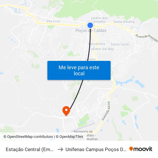 Estação Central (Embarque) to Unifenas Campus Poços De Caldas map