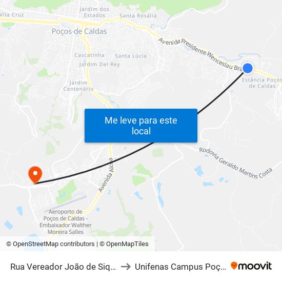 Rua Vereador João de Siqueira Loiola, 41 to Unifenas Campus Poços De Caldas map