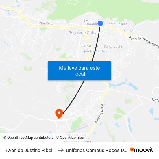 Avenida Justino Ribeiro, 175 to Unifenas Campus Poços De Caldas map