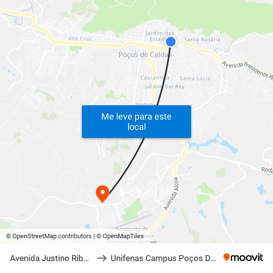 Avenida Justino Ribeiro, 80 to Unifenas Campus Poços De Caldas map