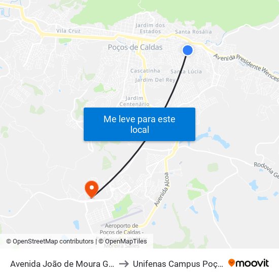 Avenida João de Moura Gavião, 116-162 to Unifenas Campus Poços De Caldas map
