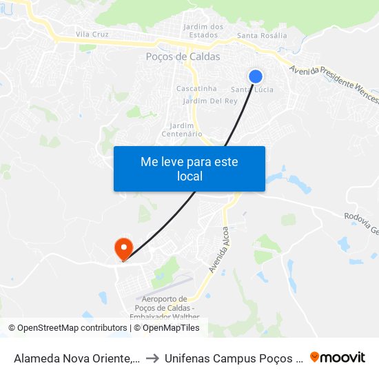 Alameda Nova Oriente, 120-184 to Unifenas Campus Poços De Caldas map