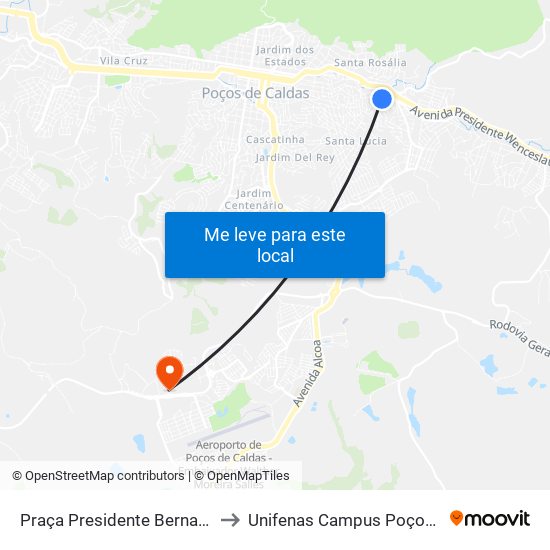 Praça Presidente Bernardes, 28-42 to Unifenas Campus Poços De Caldas map