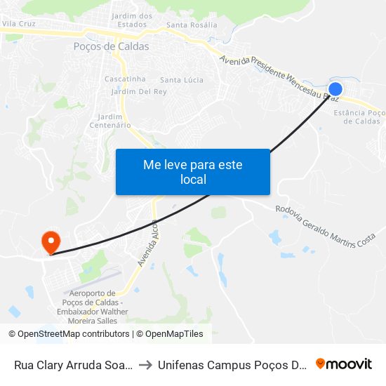 Rua Clary Arruda Soares, 60 to Unifenas Campus Poços De Caldas map