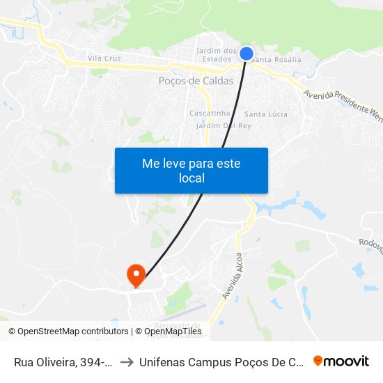 Rua Oliveira, 394-450 to Unifenas Campus Poços De Caldas map