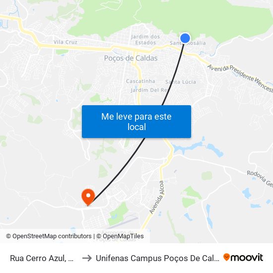 Rua Cerro Azul, 699 to Unifenas Campus Poços De Caldas map