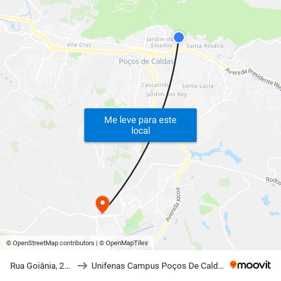 Rua Goiânia, 235 to Unifenas Campus Poços De Caldas map