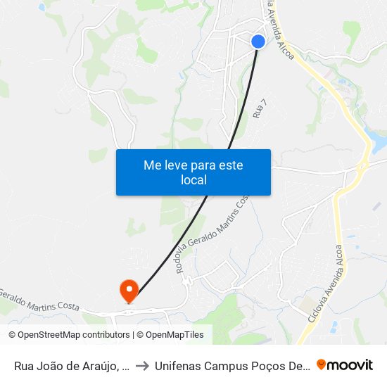 Rua João de Araújo, 1-305 to Unifenas Campus Poços De Caldas map