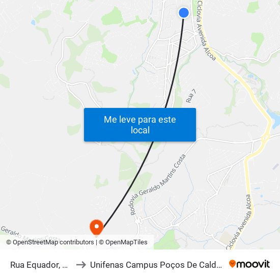 Rua Equador, 80 to Unifenas Campus Poços De Caldas map