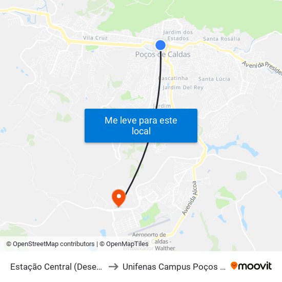 Estação Central (Desembarque) to Unifenas Campus Poços De Caldas map
