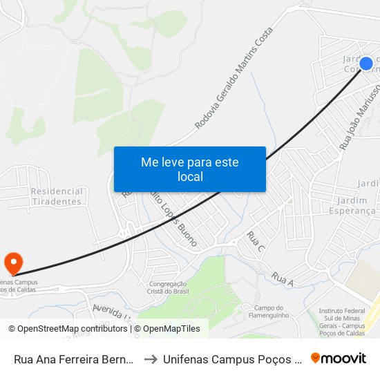 Rua Ana Ferreira Berno, 83-149 to Unifenas Campus Poços De Caldas map