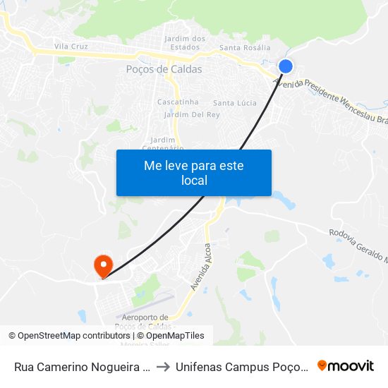 Rua Camerino Nogueira da Silva, 58 to Unifenas Campus Poços De Caldas map