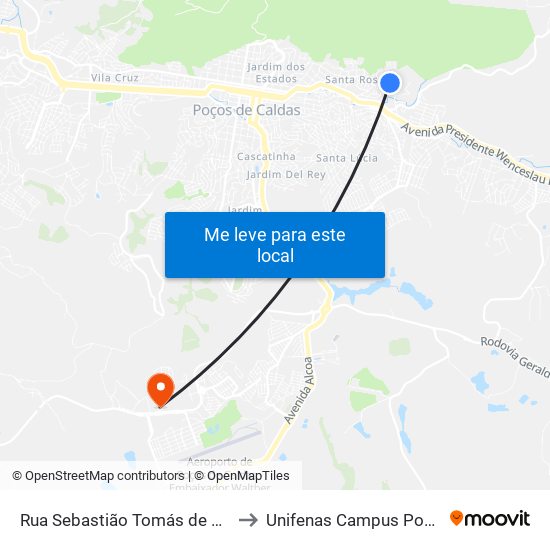 Rua Sebastião Tomás de Oliveira, 466-638 to Unifenas Campus Poços De Caldas map