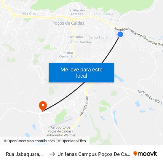 Rua Jabaquara, 225 to Unifenas Campus Poços De Caldas map