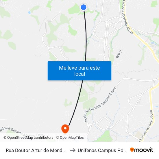 Rua Doutor Artur de Mendonça Chaves, 200 to Unifenas Campus Poços De Caldas map