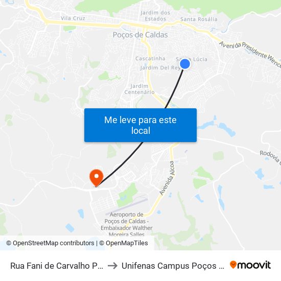 Rua Fani de Carvalho Prata, 859 to Unifenas Campus Poços De Caldas map