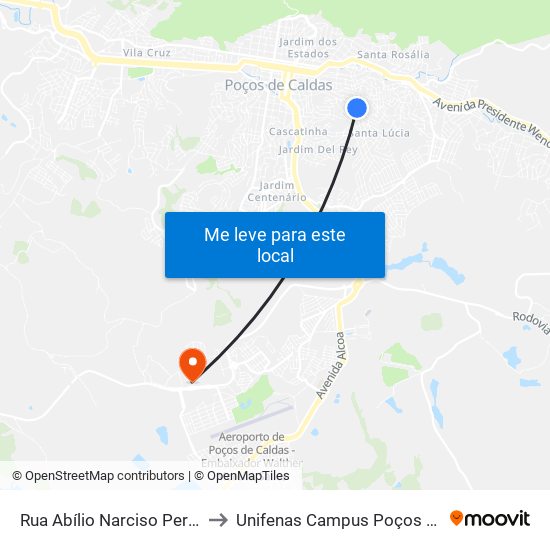 Rua Abílio Narciso Pereira, 372 to Unifenas Campus Poços De Caldas map