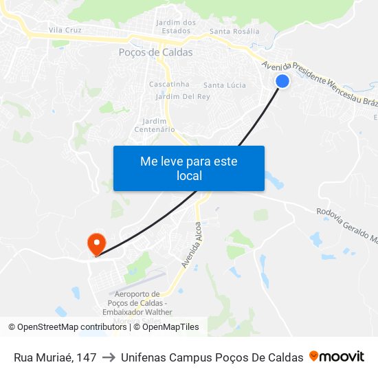 Rua Muriaé, 147 to Unifenas Campus Poços De Caldas map