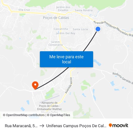 Rua Maracanã, 500 to Unifenas Campus Poços De Caldas map