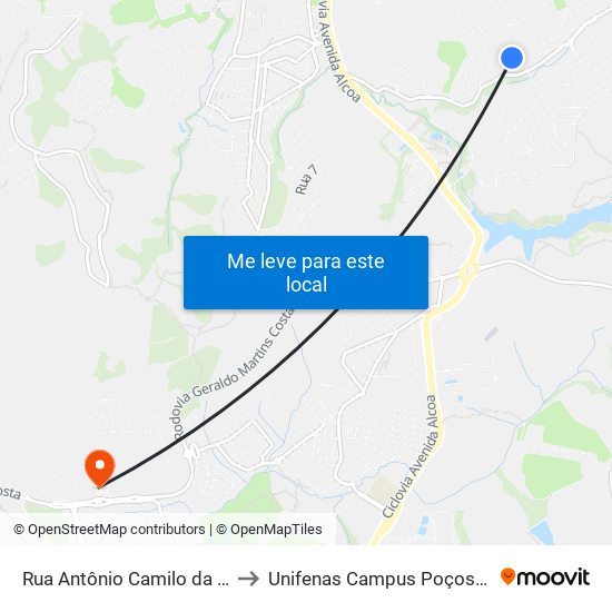 Rua Antônio Camilo da Silva, 443 to Unifenas Campus Poços De Caldas map