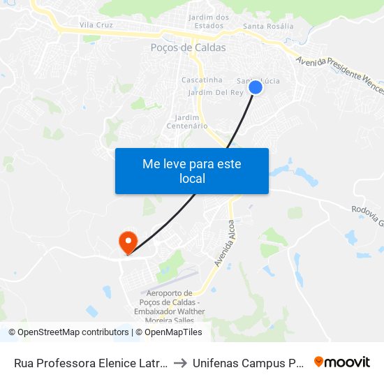 Rua Professora Elenice Latrônico do Lago, 115 to Unifenas Campus Poços De Caldas map