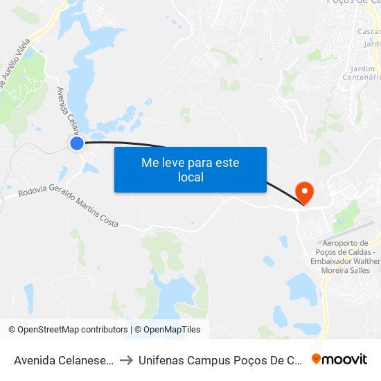 Avenida Celanese, 94 to Unifenas Campus Poços De Caldas map