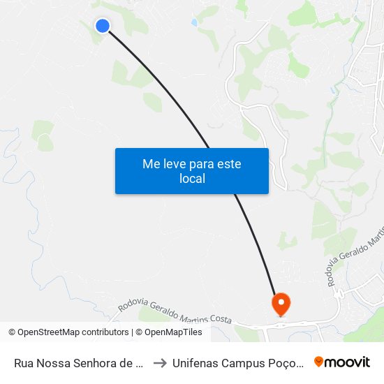 Rua Nossa Senhora de Lourdes, 31 to Unifenas Campus Poços De Caldas map