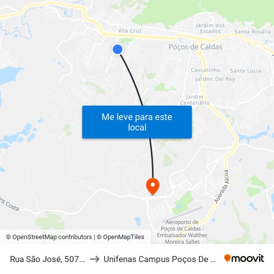 Rua São José, 507-575 to Unifenas Campus Poços De Caldas map