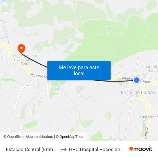 Estação Central (Embarque) to HPC Hospital Poços de Caldas map