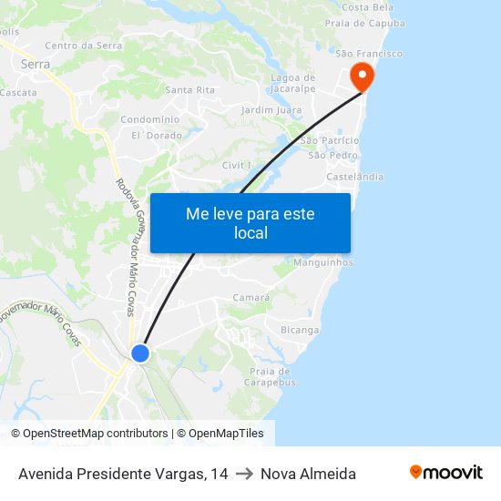 Avenida Presidente Vargas, 14 to Nova Almeida map