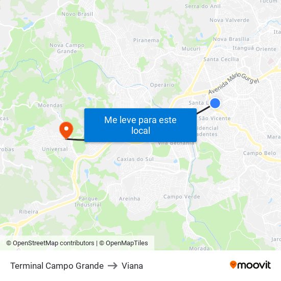 Terminal Campo Grande to Viana map